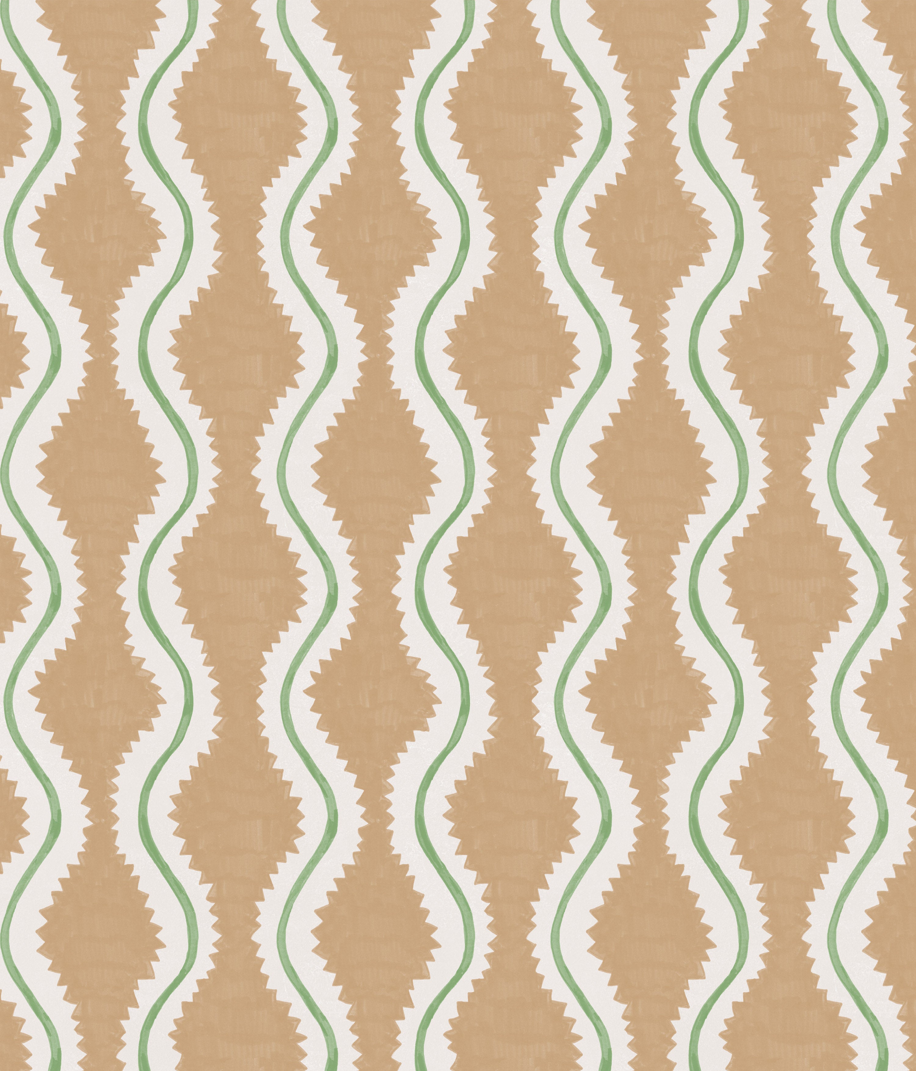 Detail of wallpaper in a playful curvy stripe print in white and green on a burnt orange field.