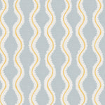 Detail of wallpaper in a playful curvy stripe print in white and yellow on a light blue field.