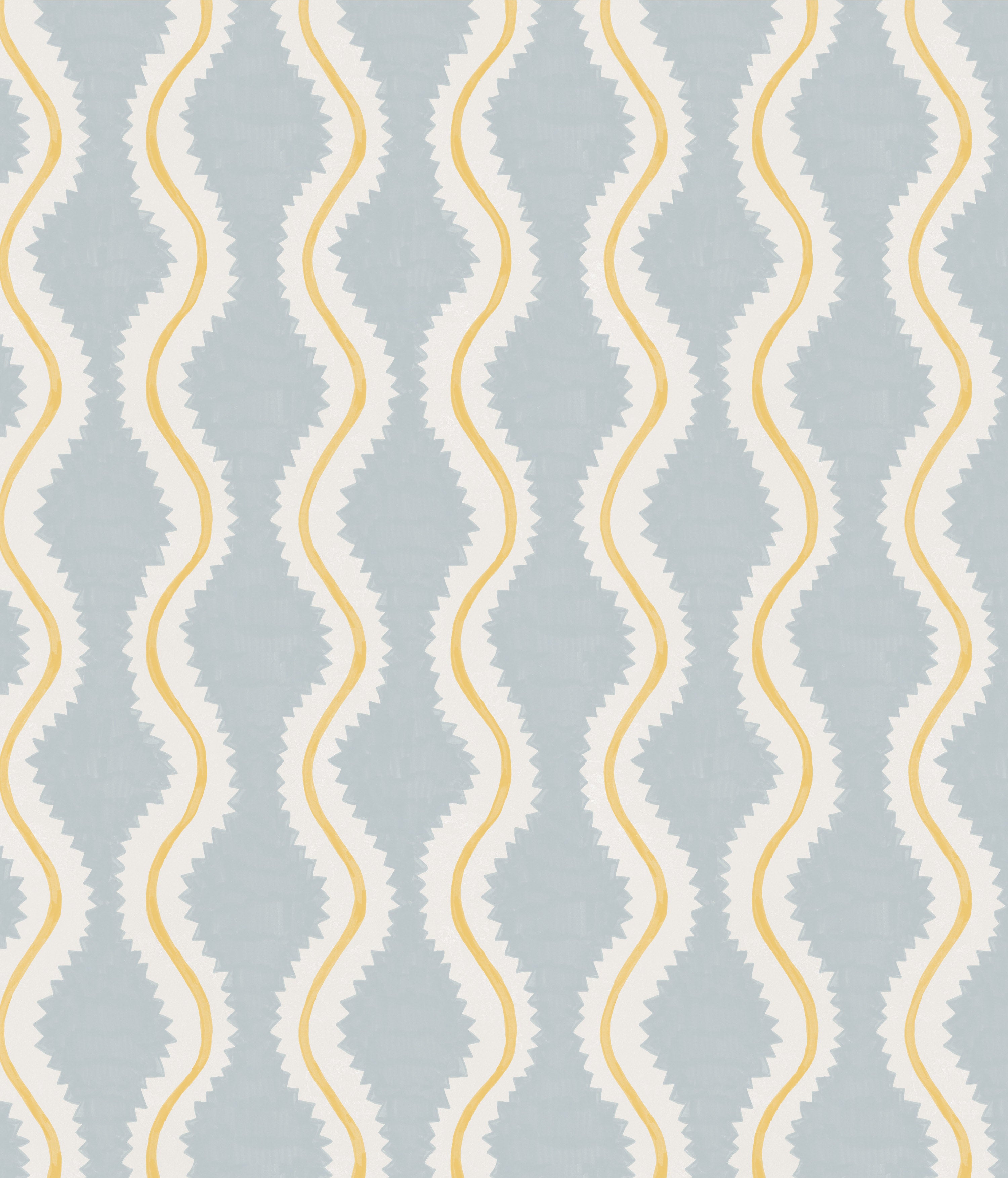 Detail of wallpaper in a playful curvy stripe print in white and yellow on a light blue field.