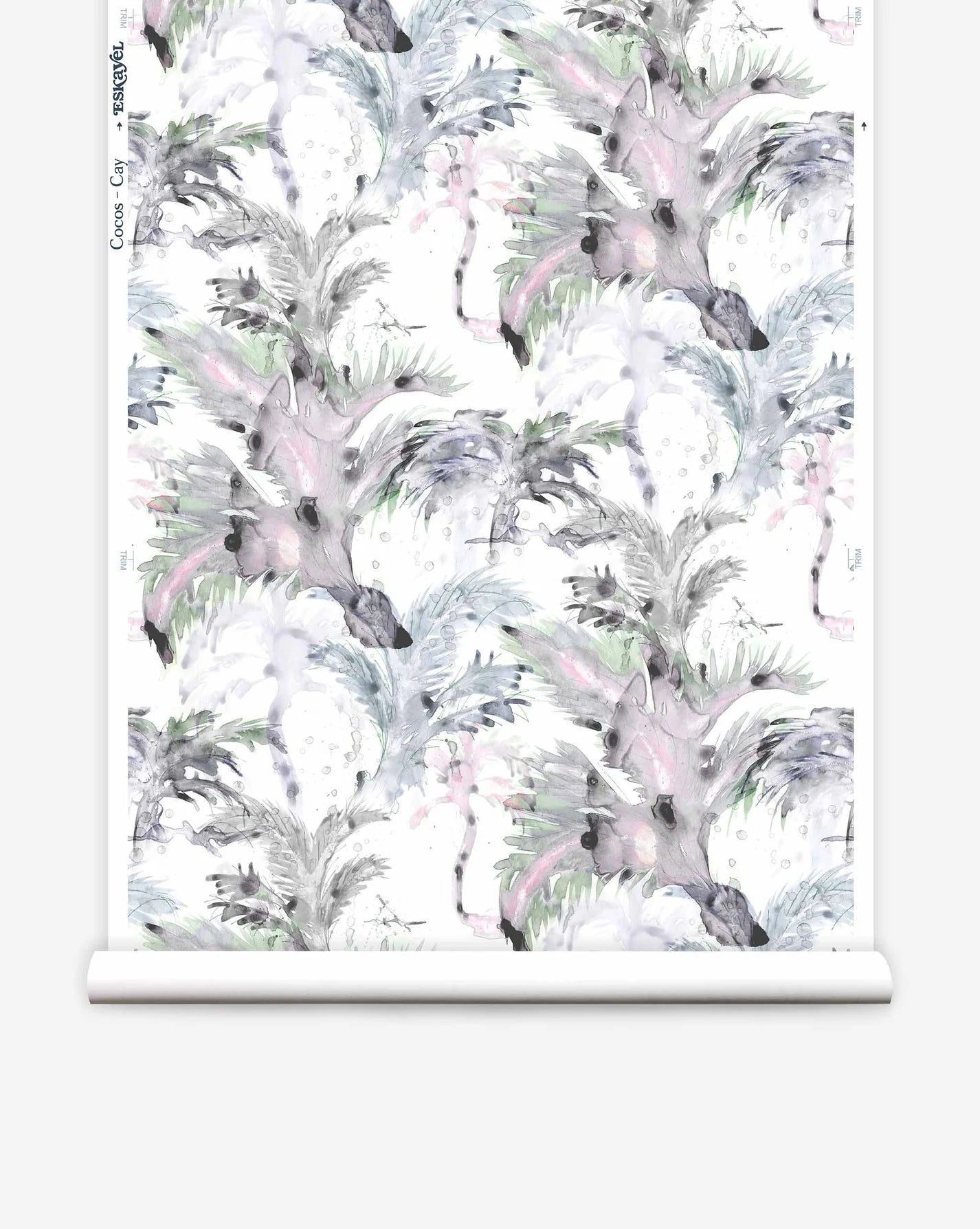 Partially unrolled wallpaper yardage in a painterly palm tree print in shades of gray, pink and green on a white field.