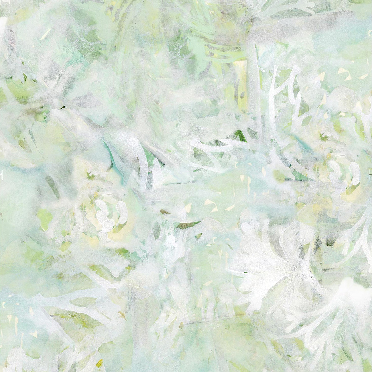 Detail of wallpaper in a watercolor painted print in shades of green, yellow and white.