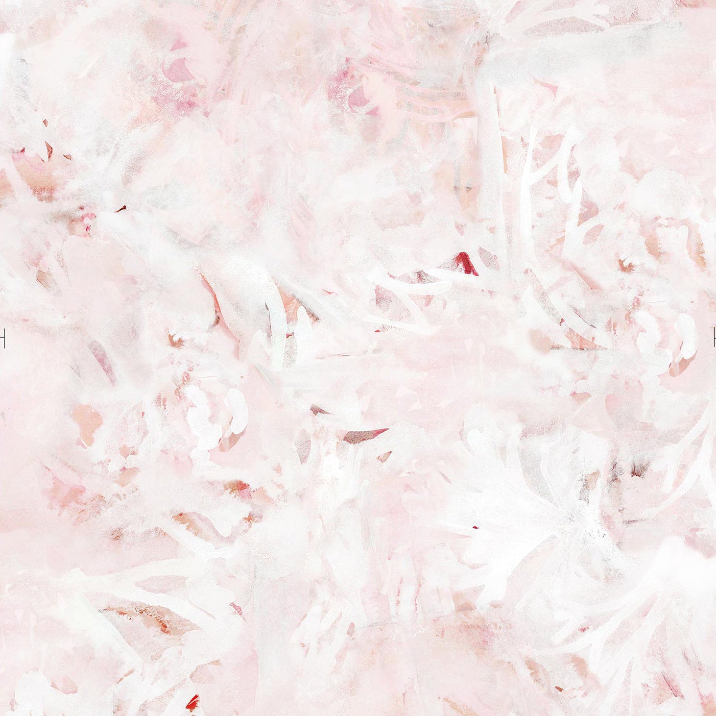 Detail of wallpaper in a watercolor painted print in shades of pink, red and white.