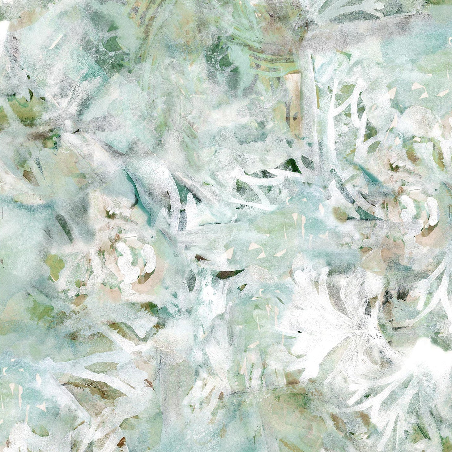Detail of wallpaper in a watercolor painted print in shades of green, tan and white.