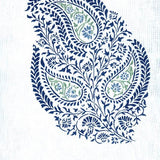 Detail of fabric in a botanical paisley in navy and green on a white field.