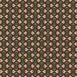 Scaled-out view of fabric in an interlocking curvilinear print in shades of green, pink, red and cream.