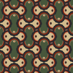 Detail of wallpaper in an interlocking curvilinear print in shades of green, pink, red and cream.