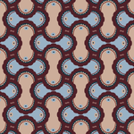 Detail of wallpaper in an interlocking curvilinear print in shades of blue, maroon and tan.