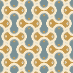 Detail of fabric in an interlocking curvilinear print in shades of cream, gold and blue-gray.