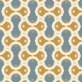 Detail of fabric in an interlocking curvilinear print in shades of cream, gold and blue-gray.
