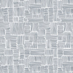 Detail of wallpaper in a directional dash pattern in blue-gray on a white field.