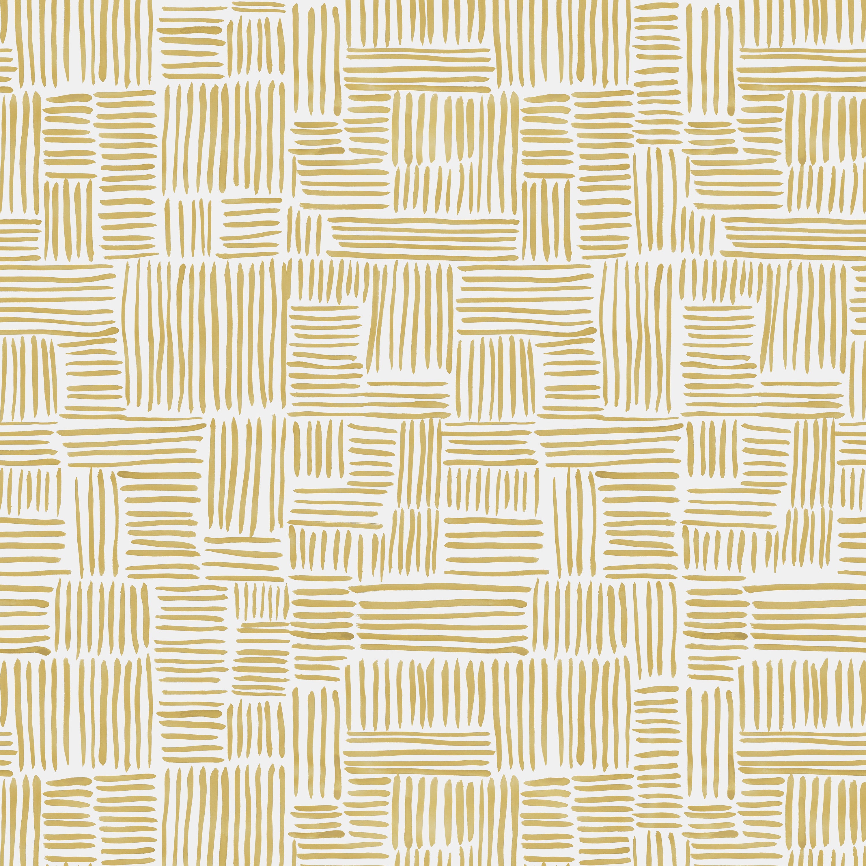 Detail of wallpaper in a directional dash pattern in yellow on a white field.