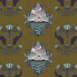 Detail of fabric in a repeating hand, eye and flower print in shades of purple and green on a dark olive field.