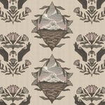 Detail of fabric in a repeating hand, eye and flower print in shades of brown and gray on a cream field.