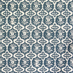 Detail of fabric in a floral grid print in cream on a navy field.