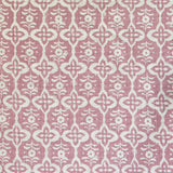 Detail of fabric in a floral grid print in cream on a pink field.