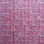 Detail of fabric in a textural grid print in pink and purple on a light gray field.