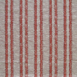 Detail of fabric in a dense tribal stripe pattern in shades of gray and red.