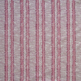 Detail of fabric in a dense tribal stripe pattern in shades of gray, pink and maroon.