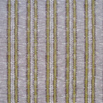 Detail of fabric in a dense tribal stripe pattern in shades of gray, brown and olive.
