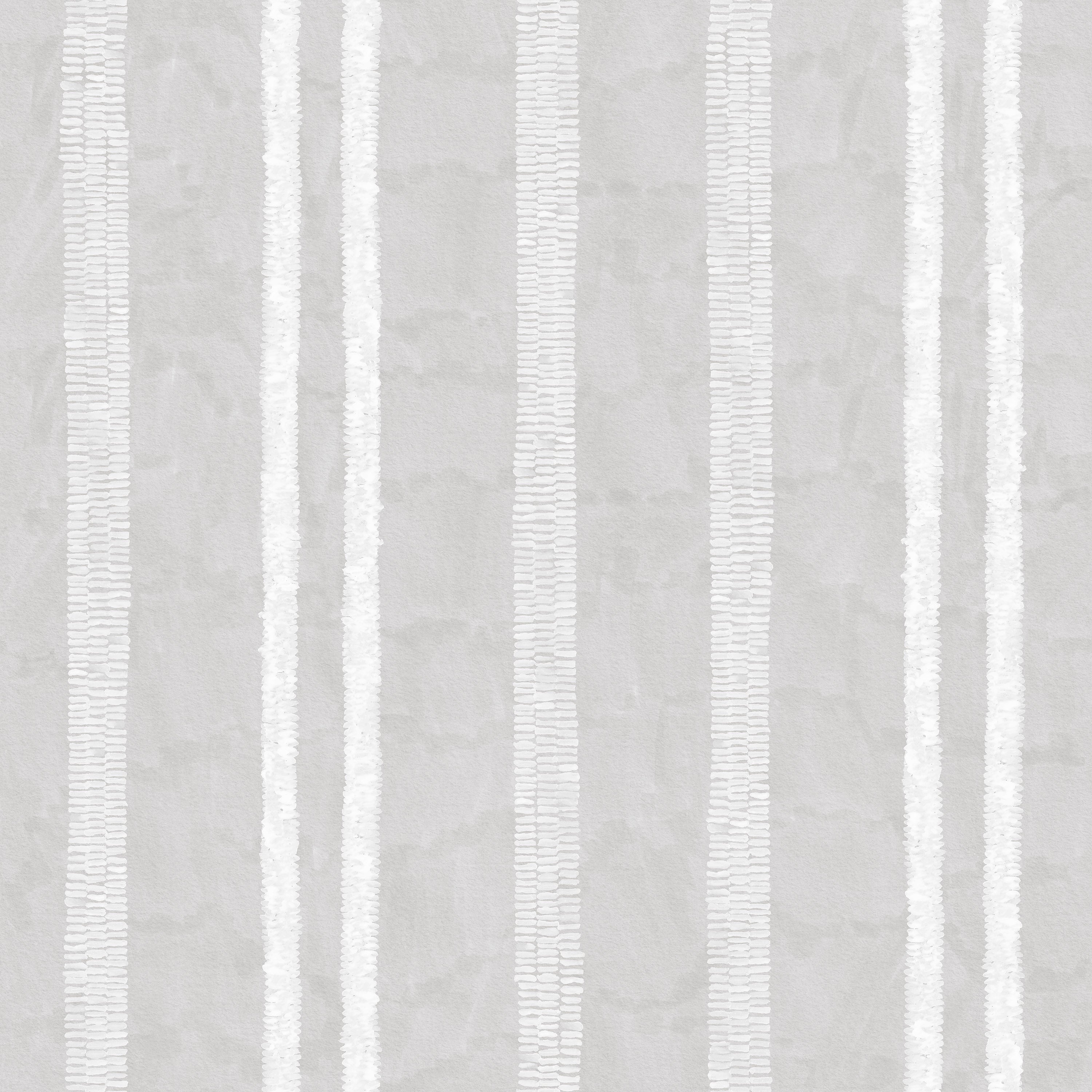 Detail of wallpaper in a textural stripe pattern in white on a light gray field.