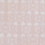 Detail of wallpaper in a linear floral print in white and cream on a light pink field.