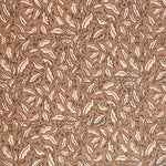 Detail of wallpaper in a painterly leaf print in cream and black on a brown field.