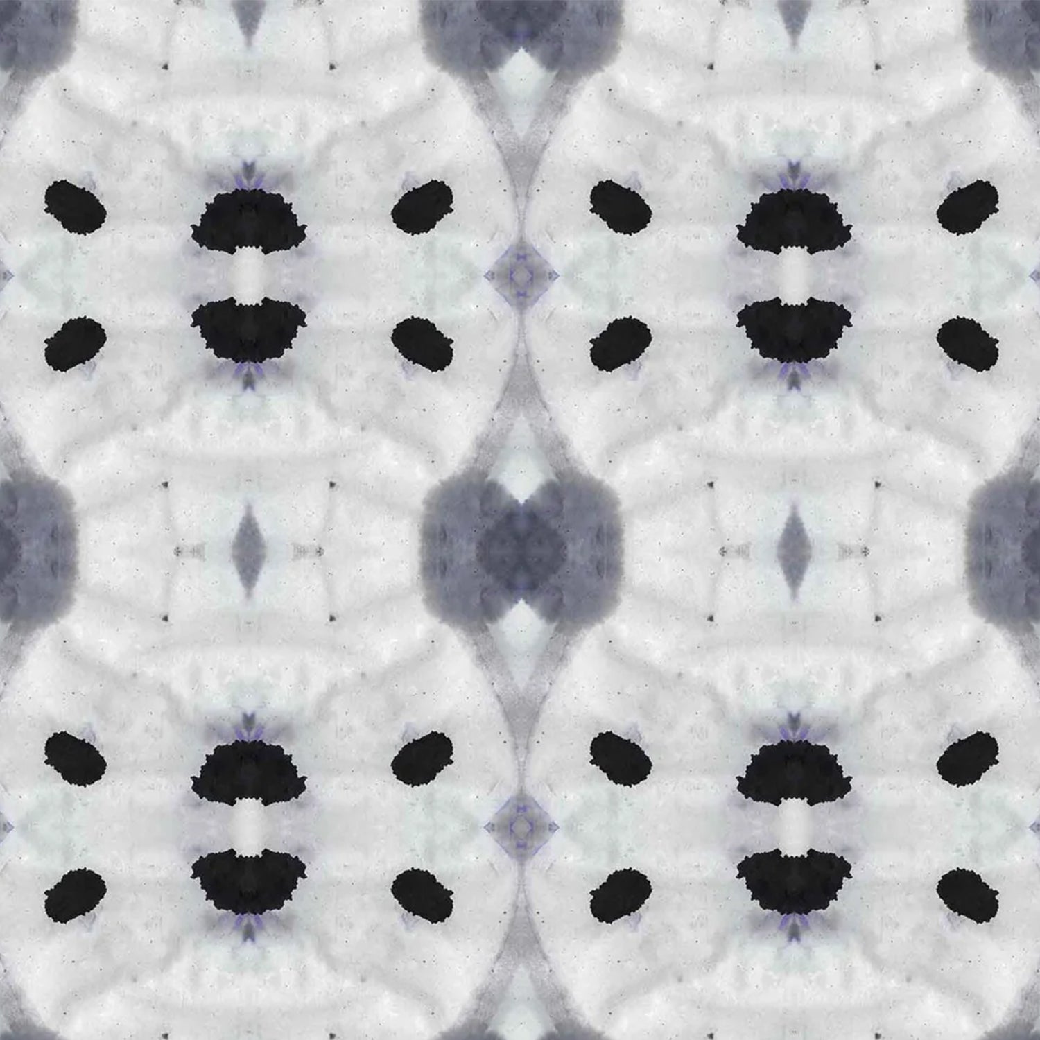 Detail of wallpaper in a watercolor ink blot print in shades of charcoal and black on a greige field.