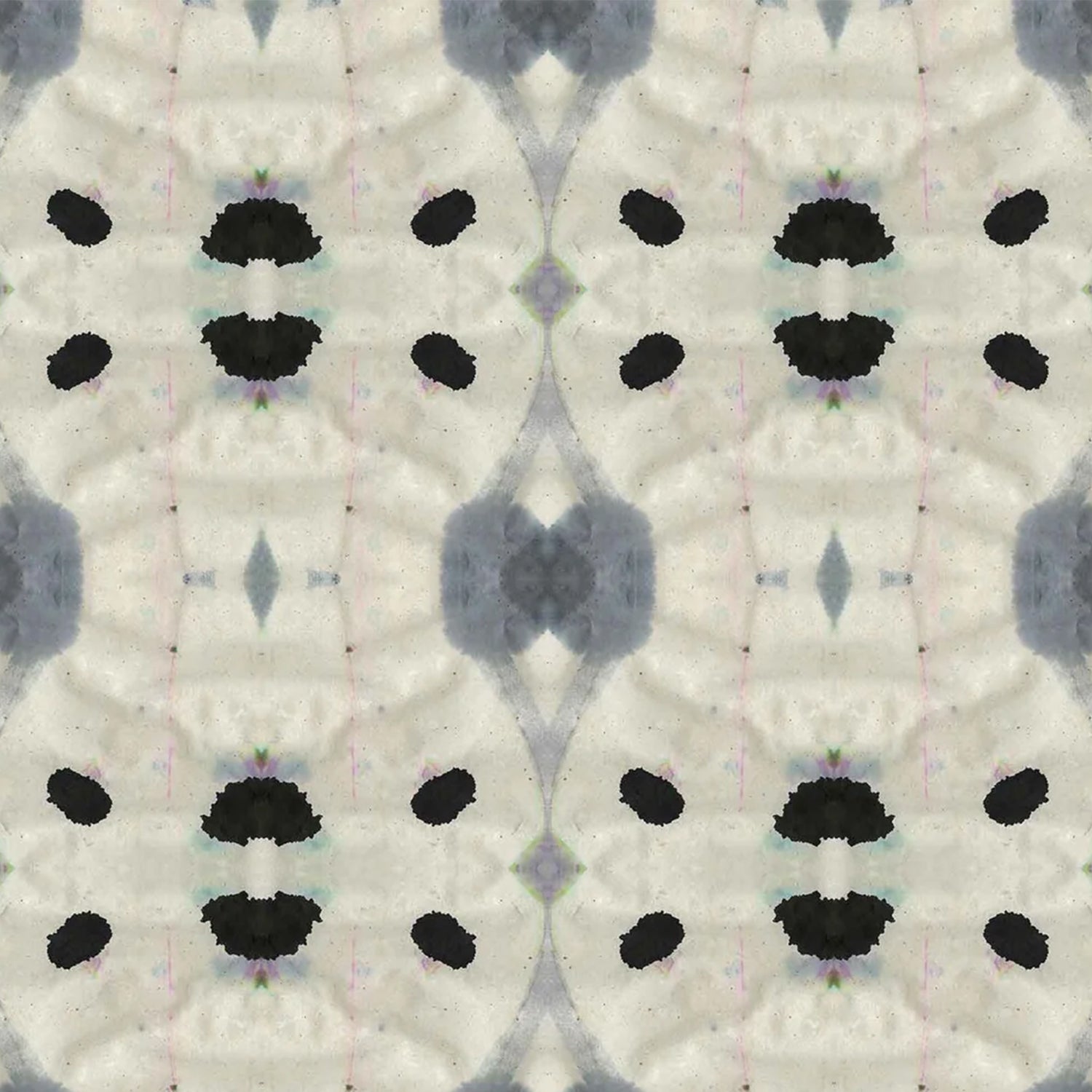Detail of wallpaper in a watercolor ink blot print in shades of charcoal and black on a greige field.