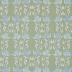 Detail of fabric in a linear floral print in blue and white on a green field.