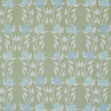 Detail of fabric in a linear floral print in blue and white on a green field.