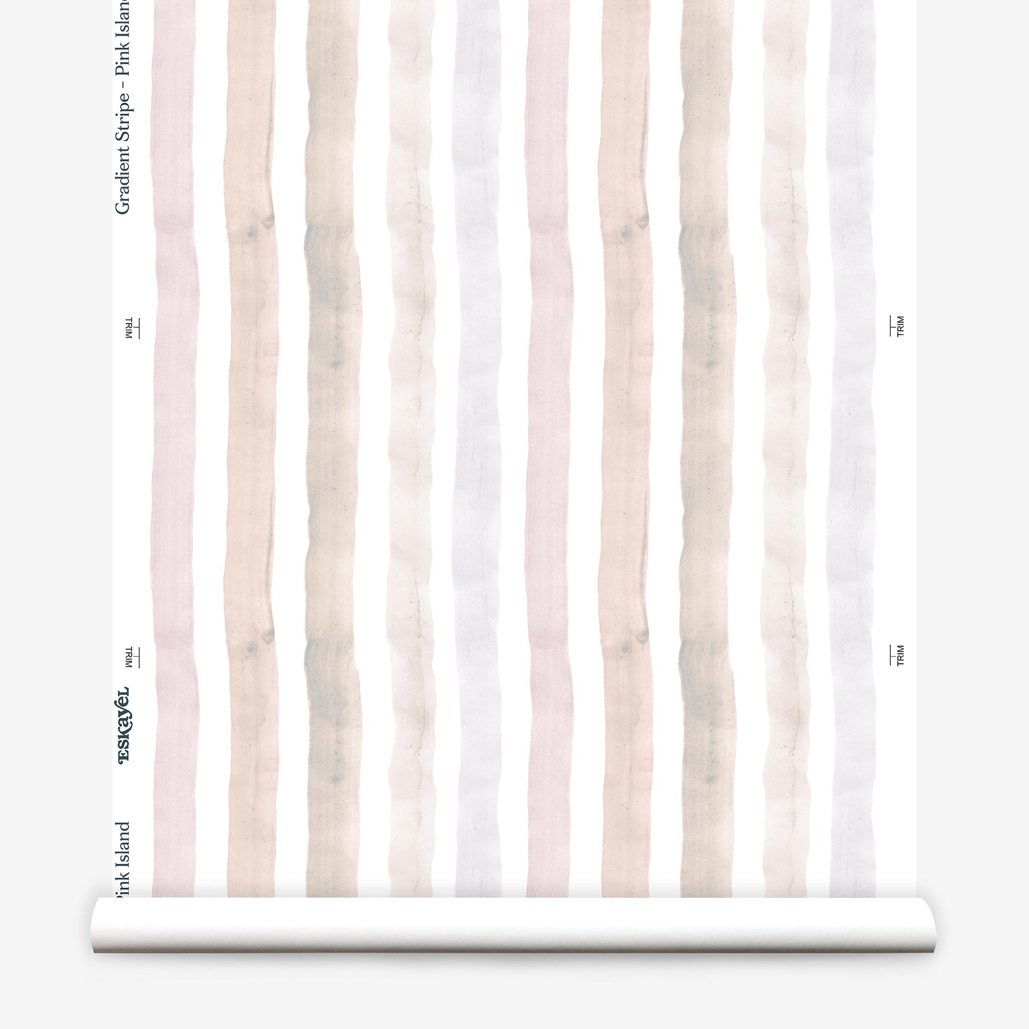 Partially unrolled wallpaper yardage in a painterly stripe print in shades of pink, gray and cream on a white field.
