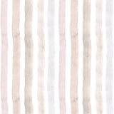 Detail of wallpaper in a painterly stripe print in shades of pink, gray and cream on a white field.