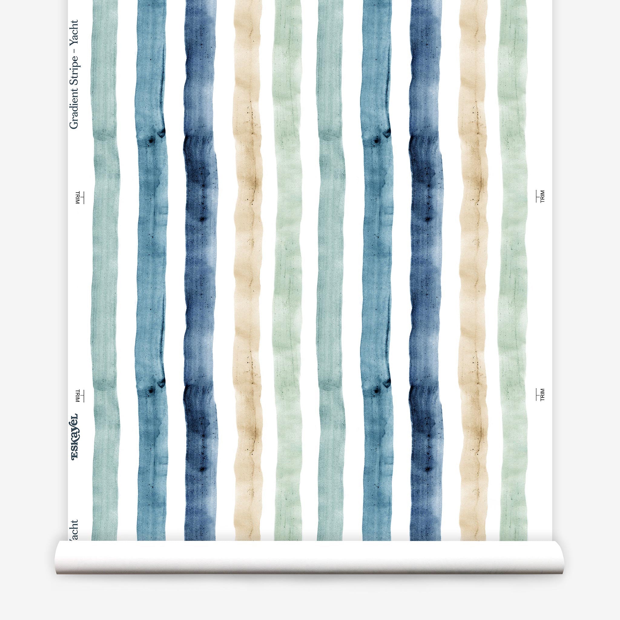 Partially unrolled wallpaper yardage in a painterly stripe print in shades of blue, green and tan on a white field.