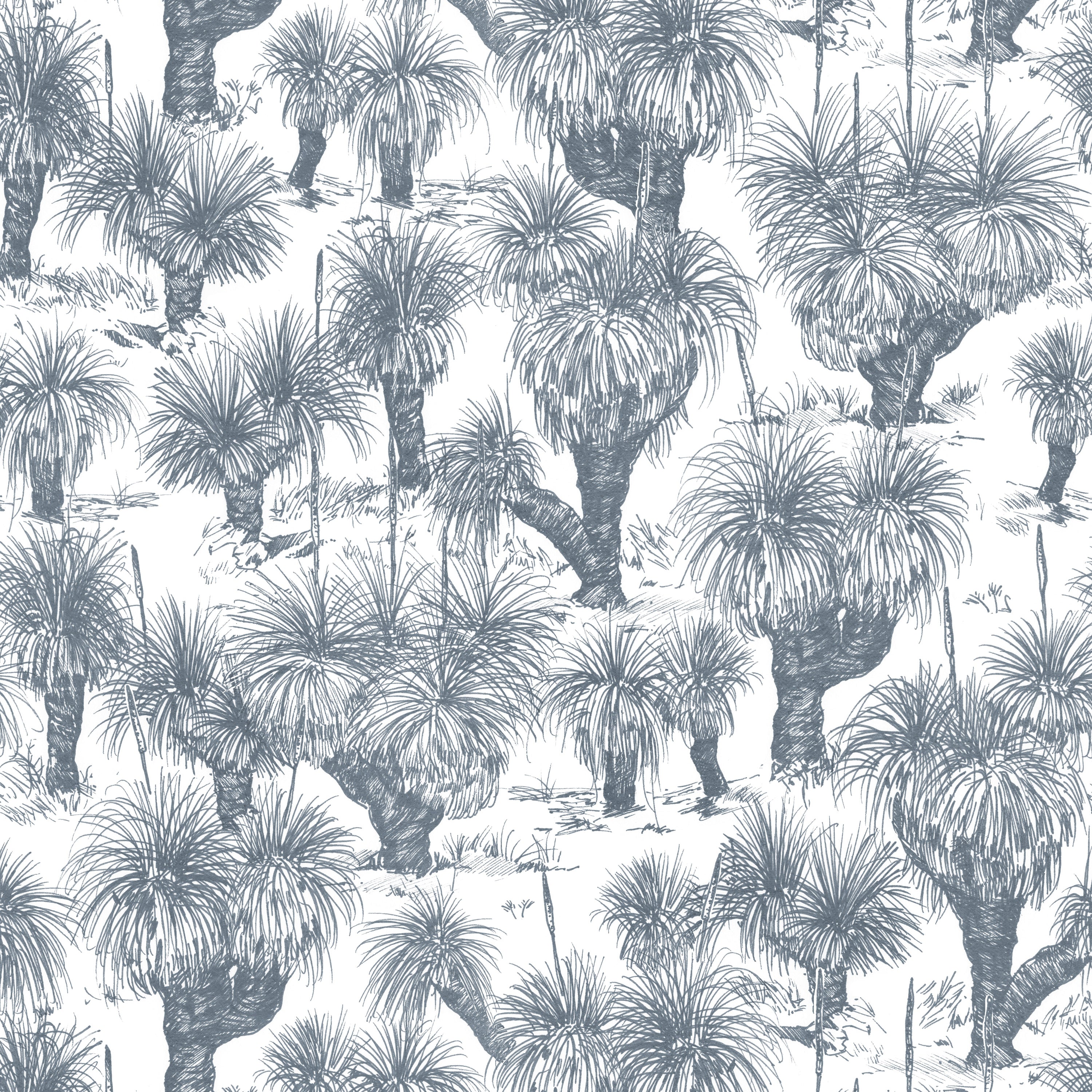 Detail of wallpaper in a painterly tree print in navy on a white field.