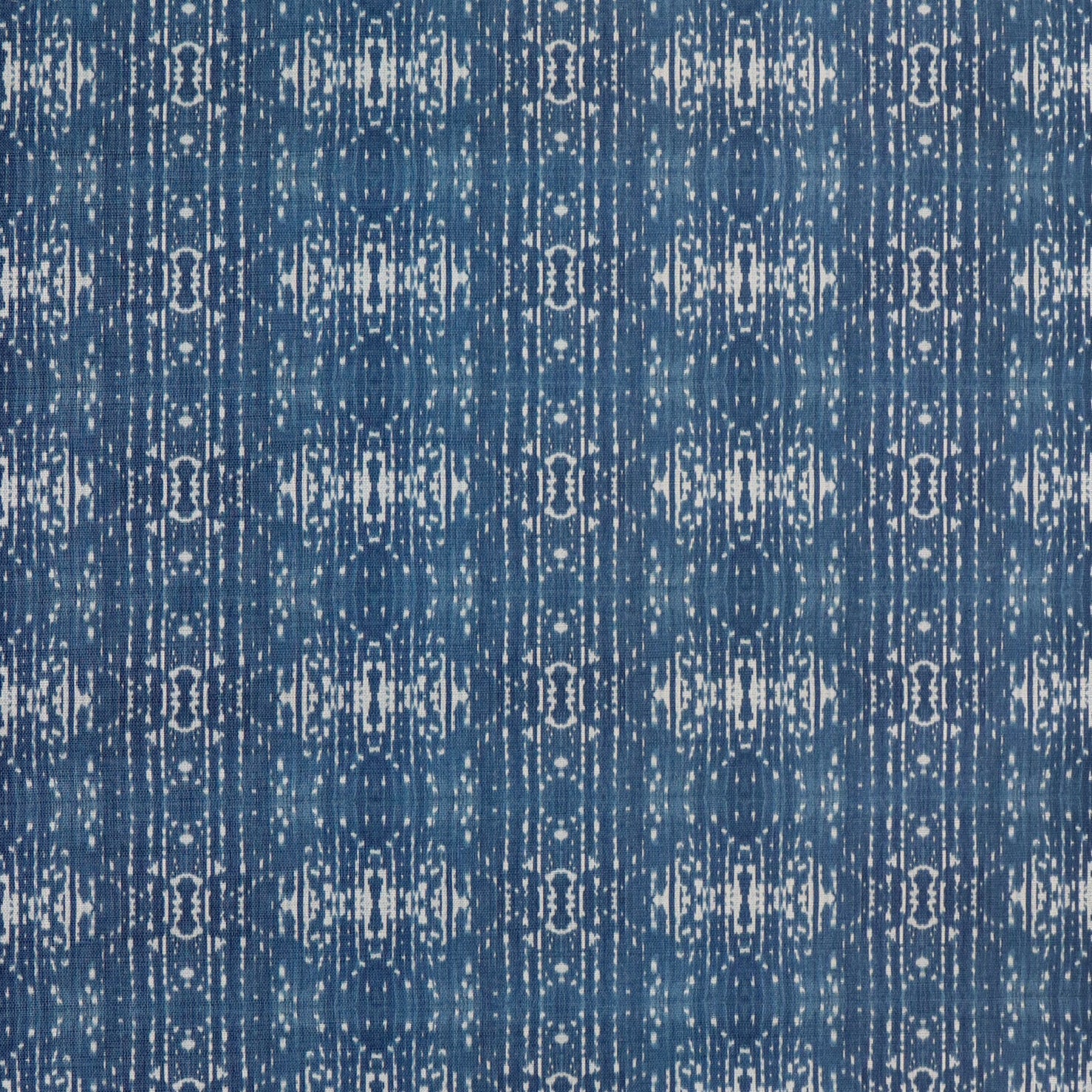 Printed grasscloth with ikat stripe design in blue and cream 