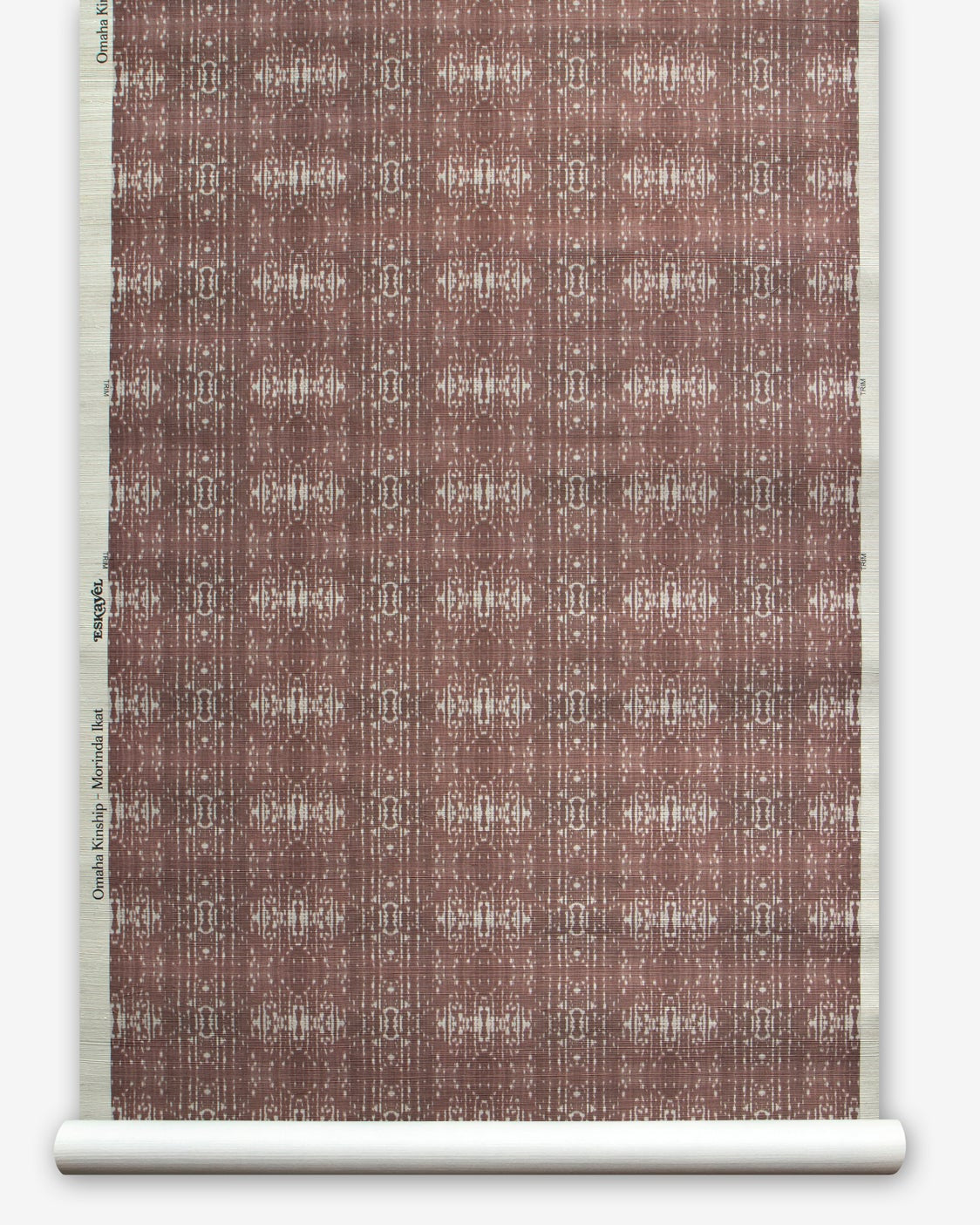 Rool Printed grasscloth with ikat stripe design in mauve red and cream 