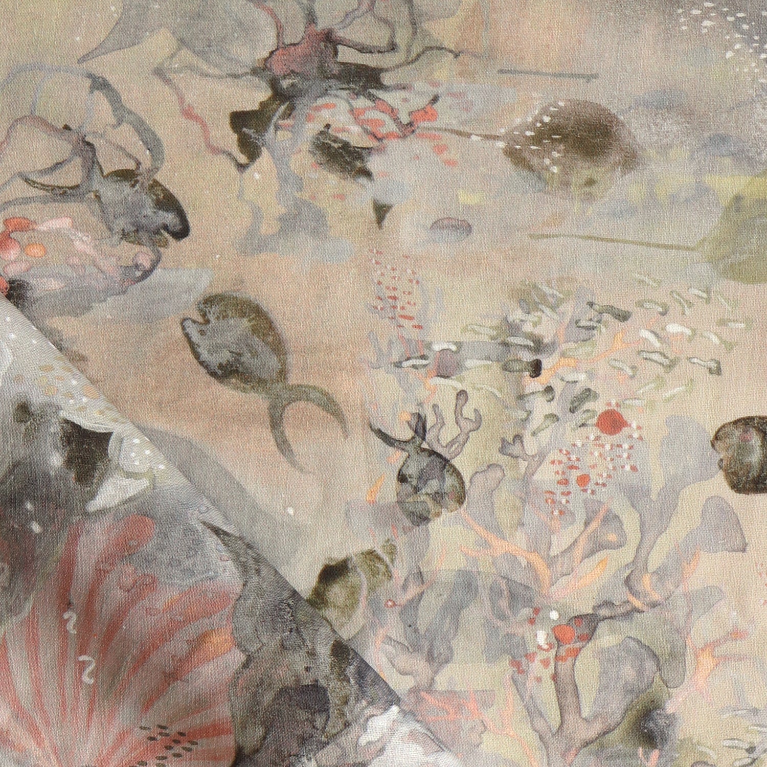 Draped fabric in an underwater sealife scene in shades of taupe, blush and grey. 