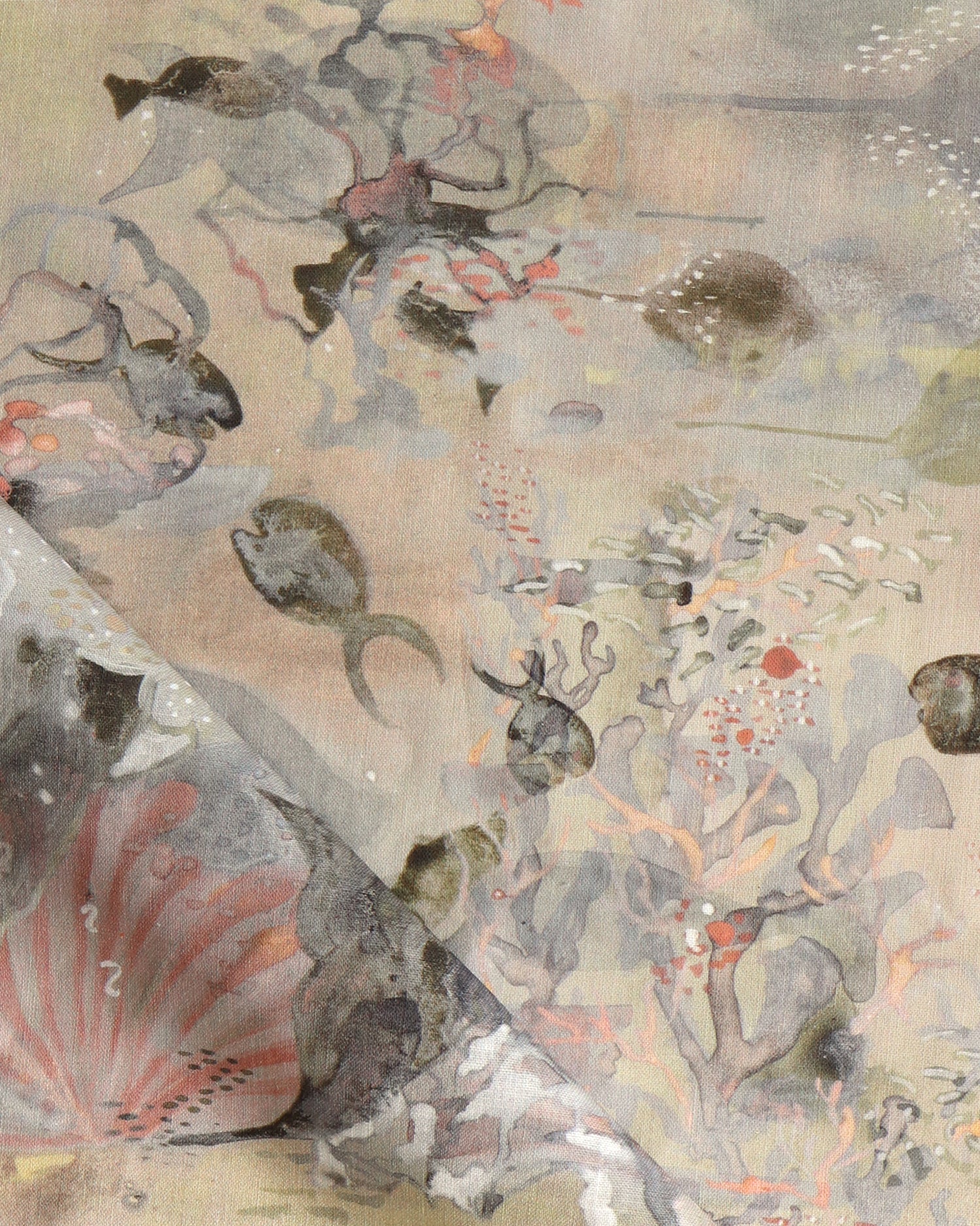 Draped fabric in an underwater sealife scene in shades of taupe, blush and grey. 