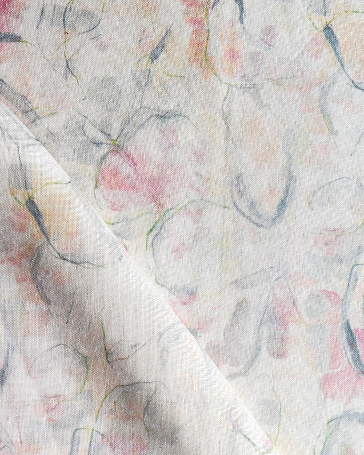 Detail of draped fabric in a watercolor painterly print in shades of pastel, green and cream.