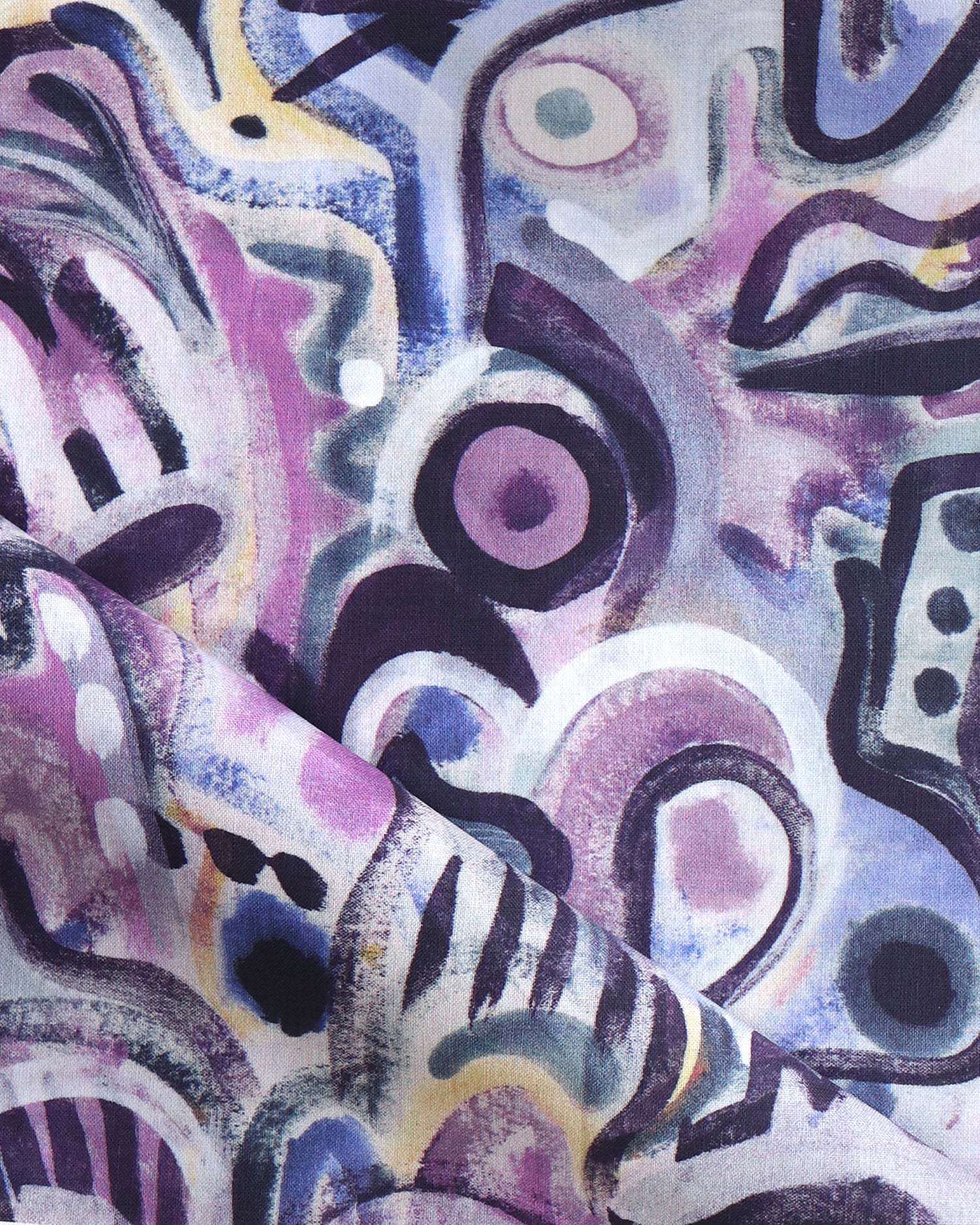 Draped fabric in abstract brushstroke design in shades of purple and black accents. 