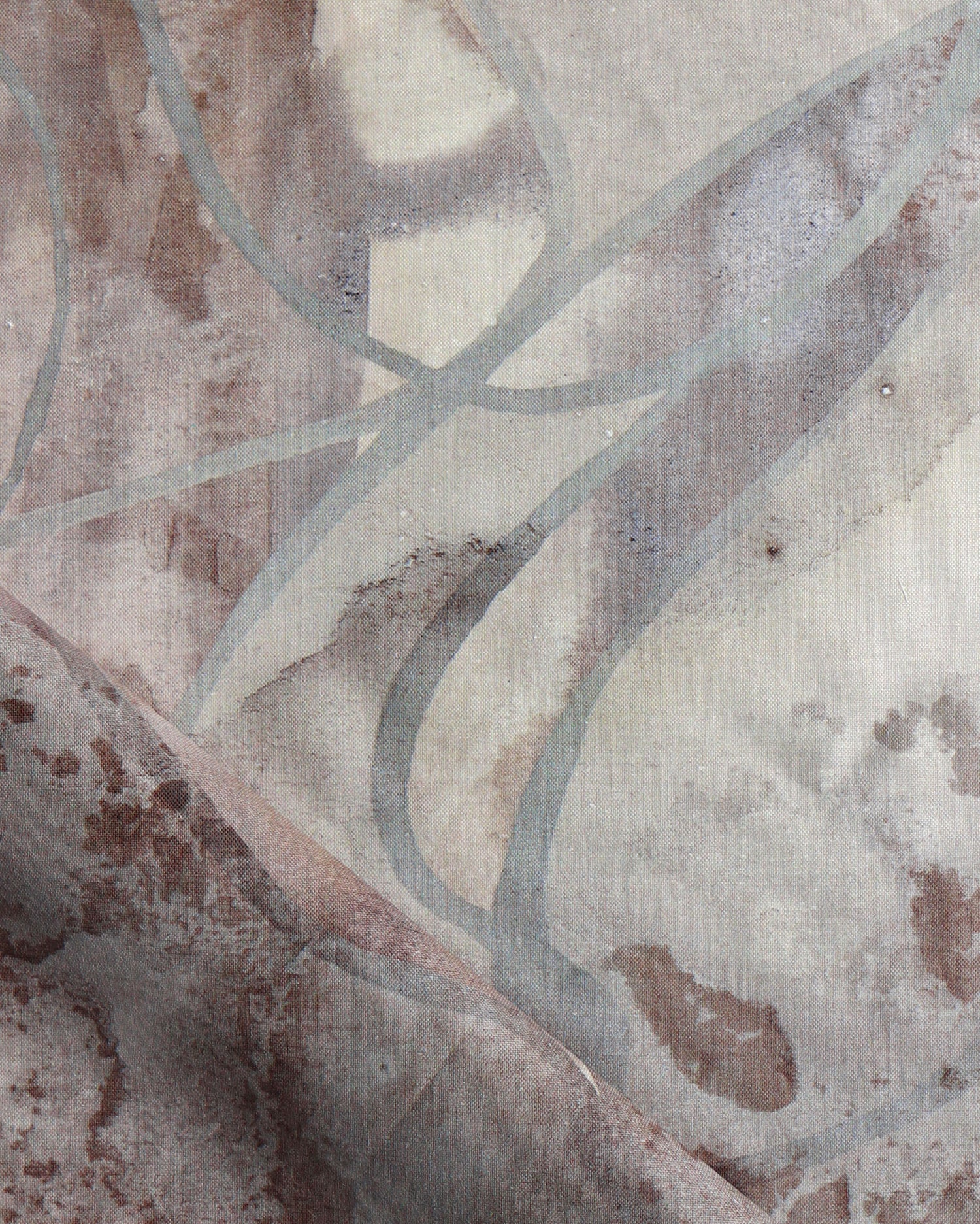 Draped fabric in abstract floral bushstroke design in soft brown with grey. 