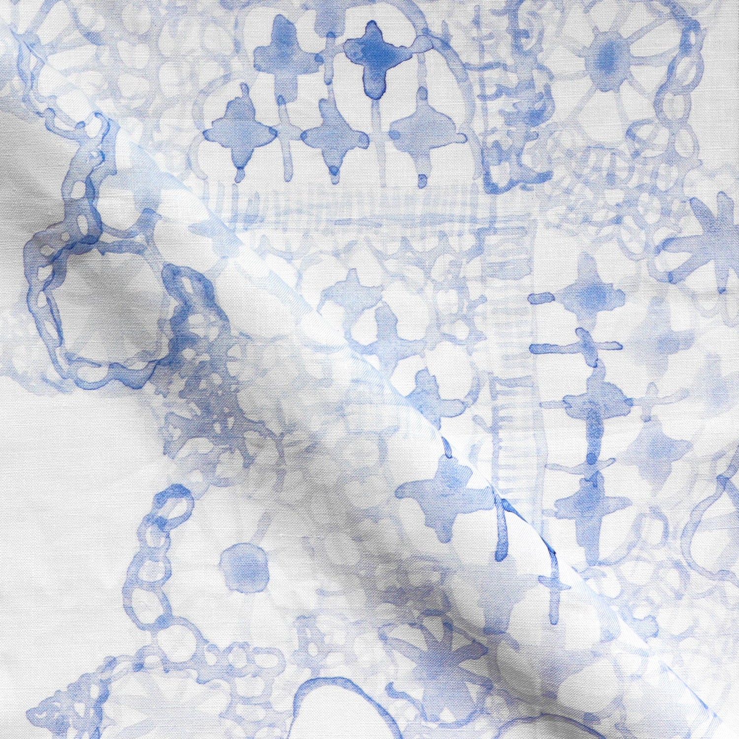 Textile with blue floral pattern on a white background