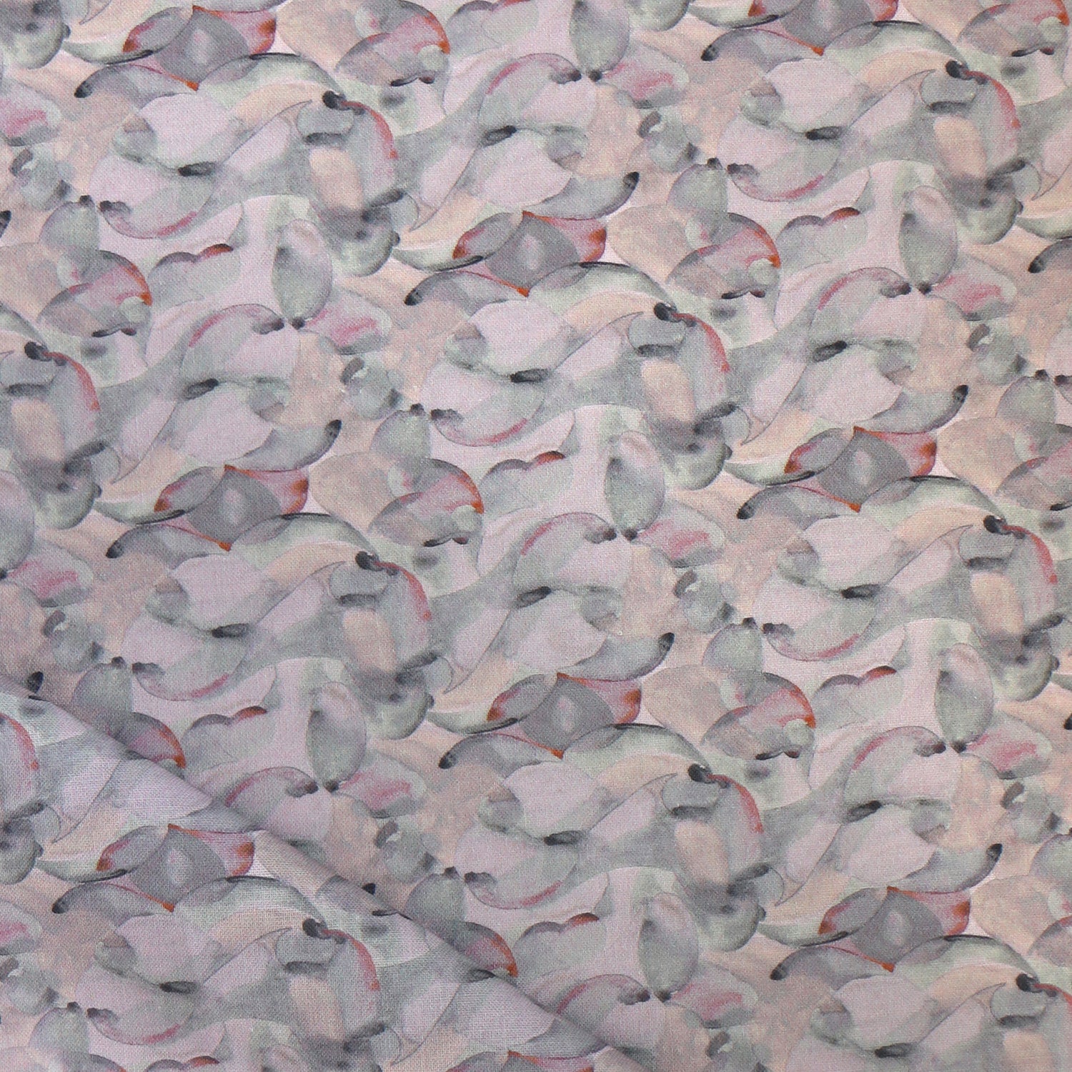 Draped fabric in an undulating abstract watercolor motif in light purple, blush, rust and charcoal.
