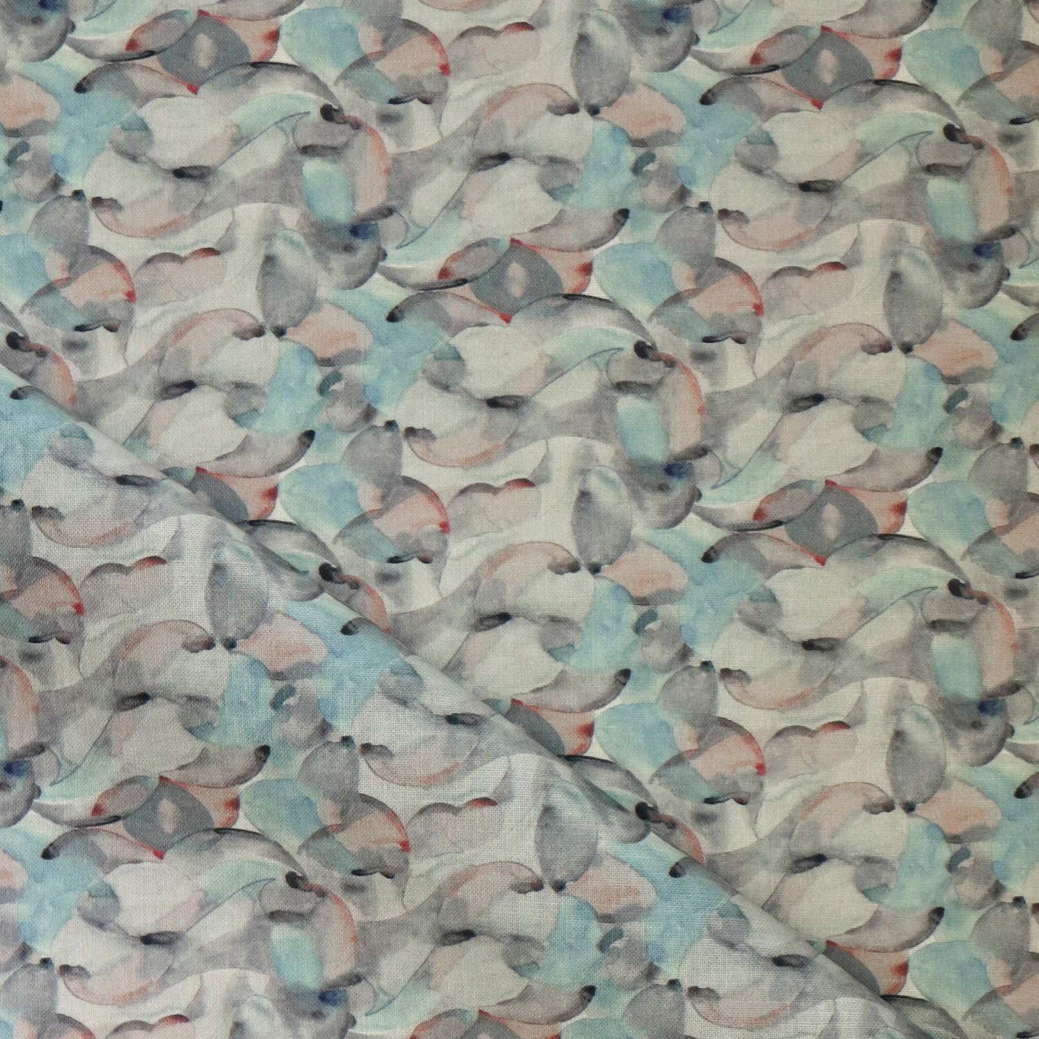 Draped fabric in an undulating abstract watercolor motif in sage green, grey and brown. 