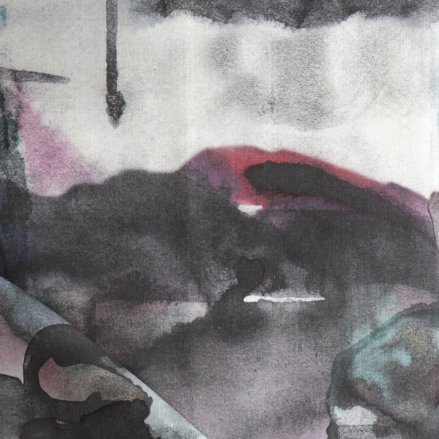Detail of draped fabric in a watercolor painterly print in shades of pink, turquoise and gray.