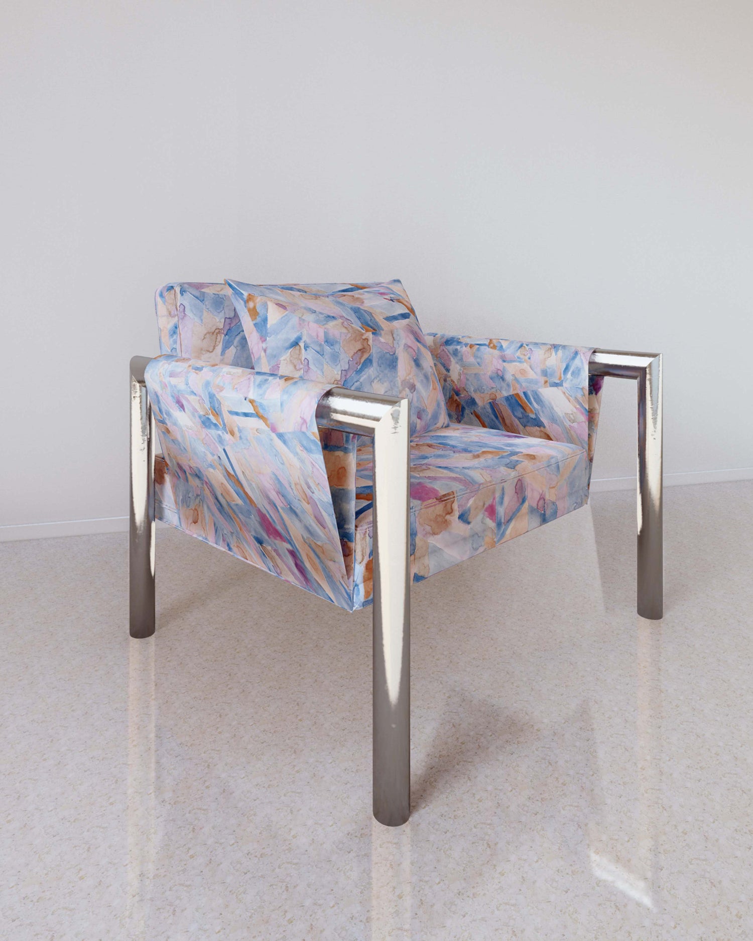 Chrome side chair upholstered with fabric in a painterly herringbone print in shades of blue, pink and orange.
