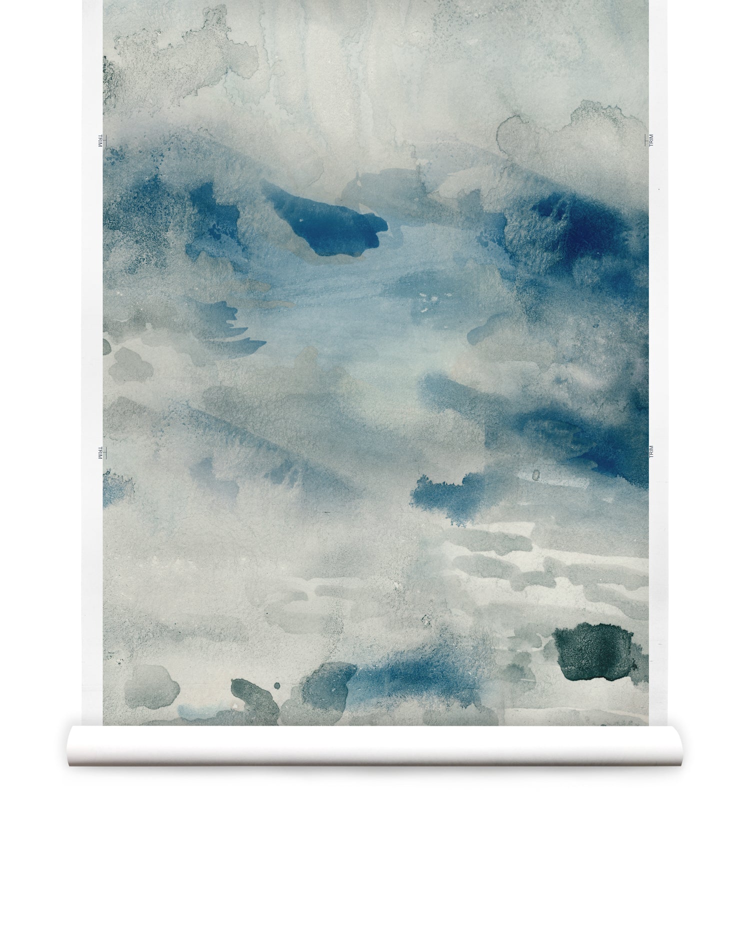 Wallpaper roll of an ethereal watercolor mural in shades teal, blue and soft grey. 