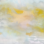 Wallpaper detail of an ethereal watercolor mural in shades of blue, green, yellow and grey. 
