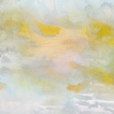 Wallpaper detail of an ethereal watercolor mural in shades of blue, green, yellow and grey. 