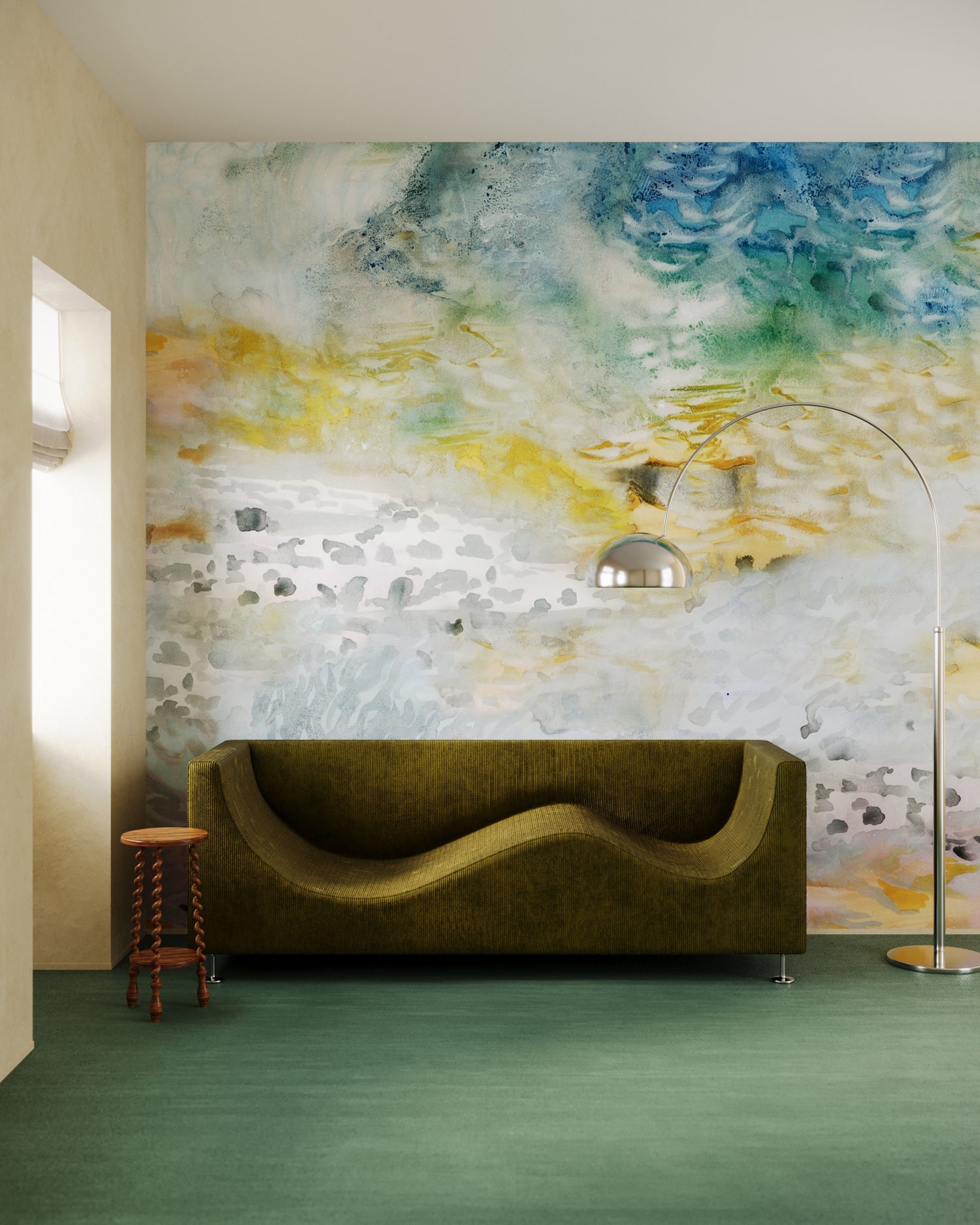 Living room with modernist couch and lamp against ethereal watercolor mural in blue, grey, yellow and grey. 
